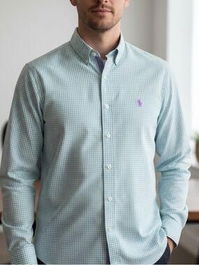 Ralph Lauren Men’s Gingham Button-Down Dress Shirt Teal (Blue Green) & Purple